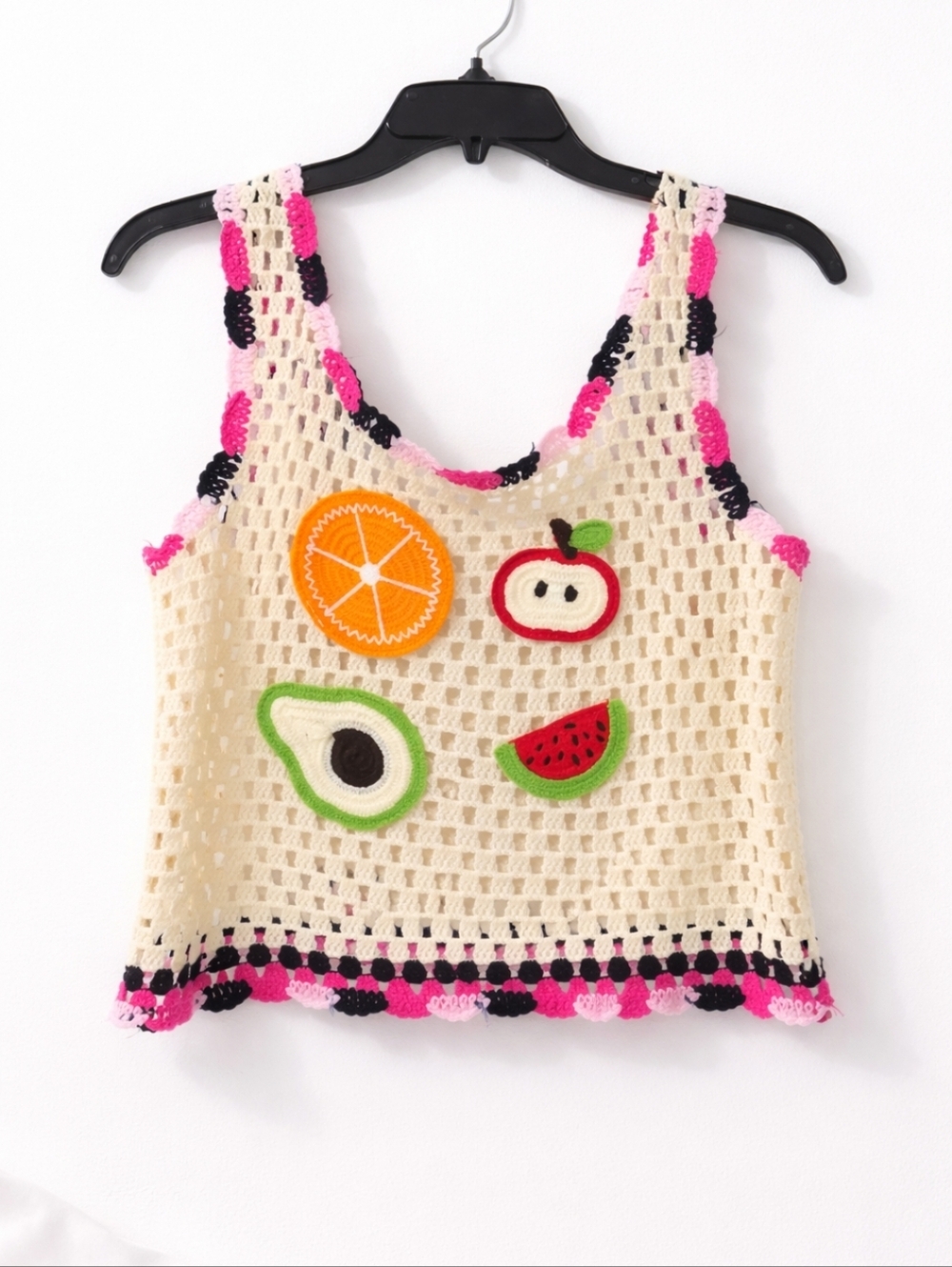 Crochet Fruit Tank Top Cream Knit Boho Crop Top Avocado Orange Watermelon